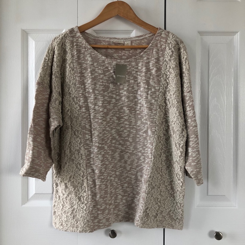 Chico’s Tan 3/4 Sleeve Lace Overlay Sweater